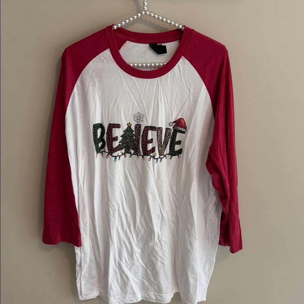 Red and White 'Believe' Raglan Shirt size 2xl